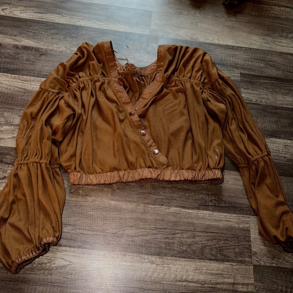 Free People Movement Ribbed Knit Top Copper Brown Puff Sleeve Cropped XL